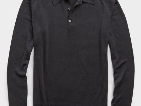 John Smedley Easy Fit Long Sleeve Polo Sweater in Black For Discount