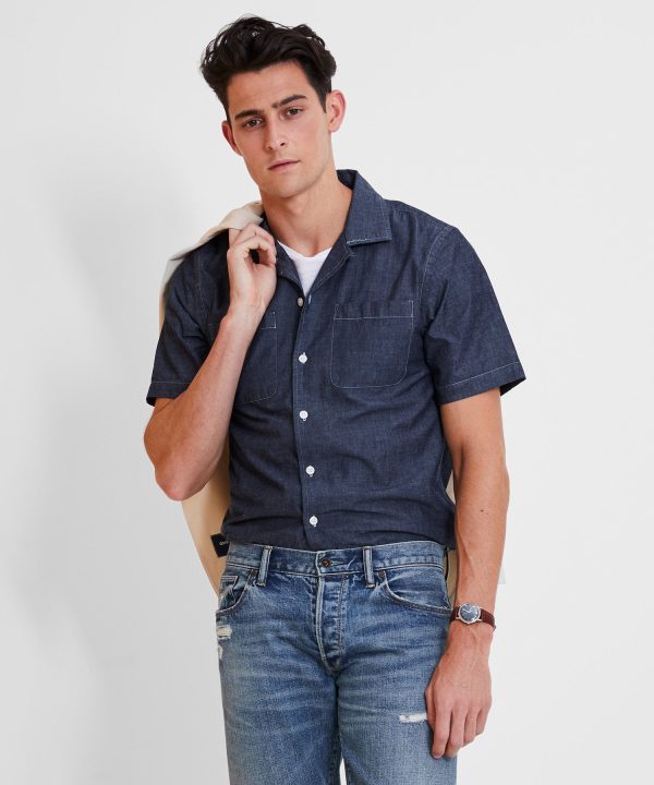 Japanese Chambray Camp Collar Short Sleeve Shirt in Indigo Online now