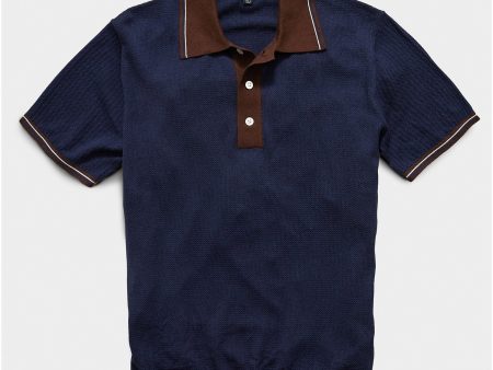 Textured Stitch Tipped Sweater Polo in Navy For Sale