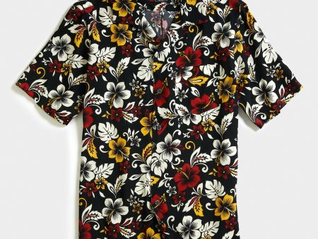 Aloha Hibiscus Print Camp Collar Short Sleeve Shirt in Black Fashion