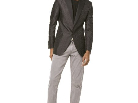 Silk Tonal Jacquard Sutton Peak Lapel Dinner Jacket in Black For Sale