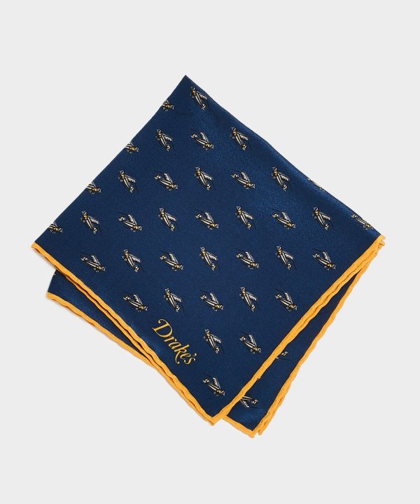 Drake s Biplane Printed Pocket Square in Navy yellow Online