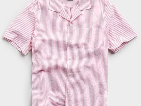 Camp Collar Seersucker Stripe Short Sleeve Shirt in Pink Fashion