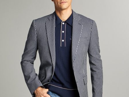 Sutton Seersucker Sportcoat in Navy Grey Stripe For Sale