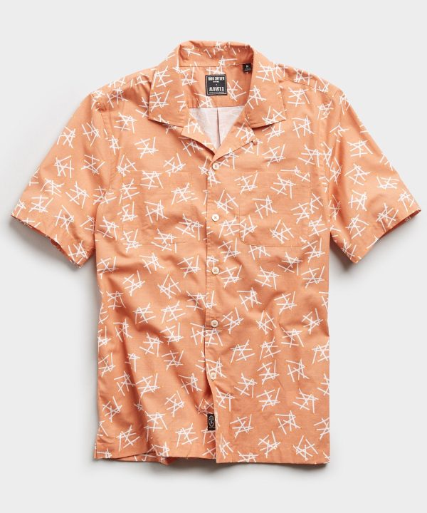 Limited Edition Matchstick Print Camp Collar Short Sleeve Shirt in Peach Online now