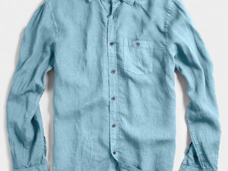 Spread Collar Linen Shirt in Light Blue Hot on Sale