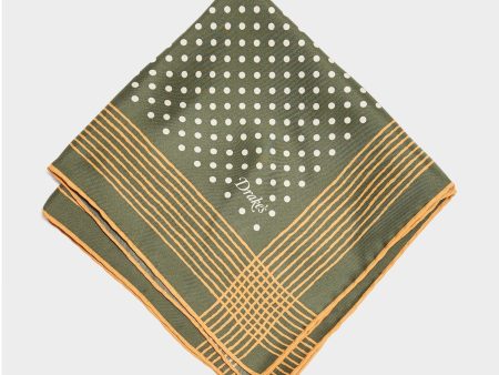 Drake s Painted Border Spot Printed Pocket Square in Olive Online now