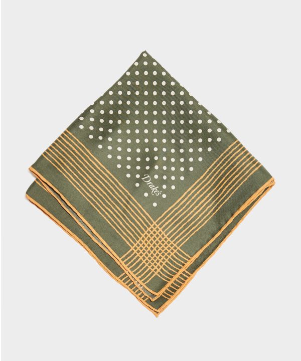 Drake s Painted Border Spot Printed Pocket Square in Olive Online now