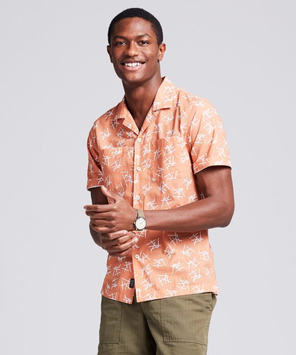 Limited Edition Matchstick Print Camp Collar Short Sleeve Shirt in Peach Online now