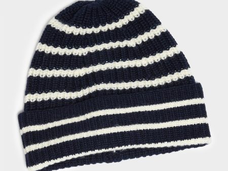 Drake s Lambswool Stripe Beanie in Navy Fashion