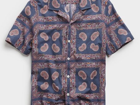 Bandana Print Camp Collar Short Sleeve Shirt in Navy on Sale