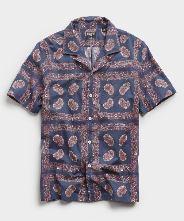 Bandana Print Camp Collar Short Sleeve Shirt in Navy on Sale