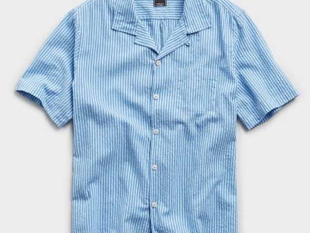 Camp Collar Seersucker Stripe Short Sleeve Shirt in Light Blue Sale