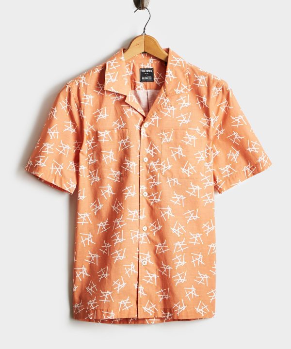 Limited Edition Matchstick Print Camp Collar Short Sleeve Shirt in Peach Online now