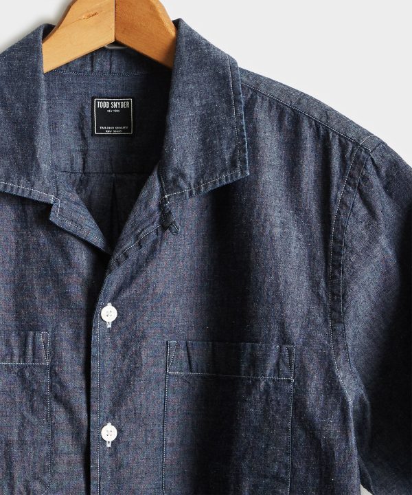 Japanese Chambray Camp Collar Short Sleeve Shirt in Indigo Online now