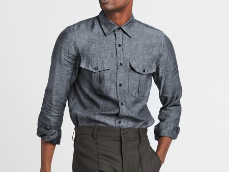 Italian Two Pocket Linen Utility Long Sleeve Shirt in Navy Fashion