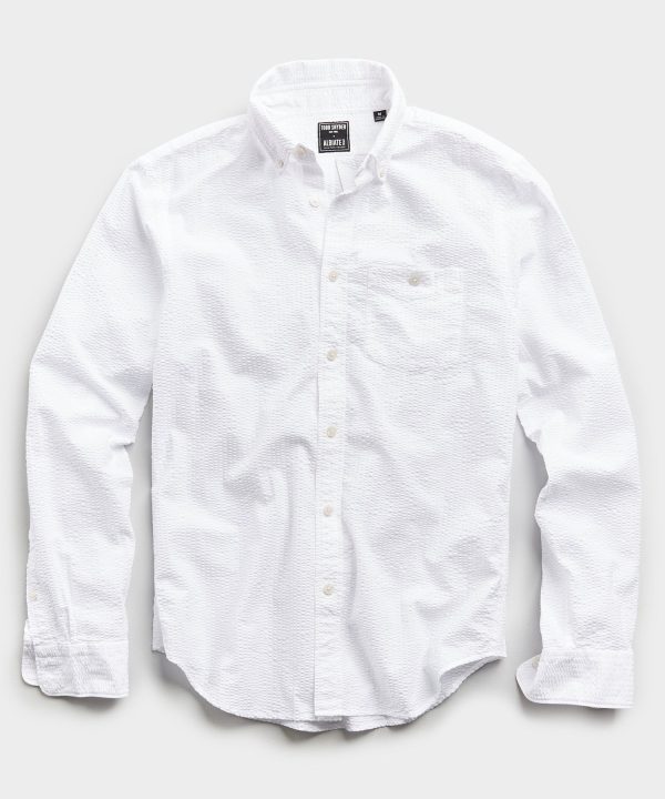 Italian Seersucker Long Sleeve Shirt in White Online now