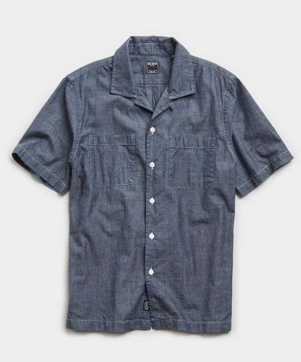 Japanese Chambray Camp Collar Short Sleeve Shirt in Indigo Online now