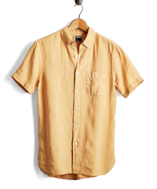 Short Sleeve Linen Button Down Shirt in Yellow on Sale