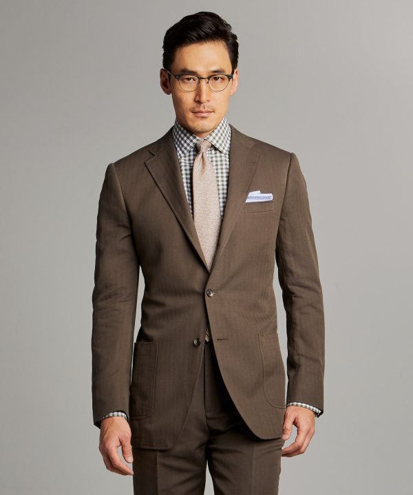 Herringbone Linen Sack Suit Jacket in Brown Online Sale