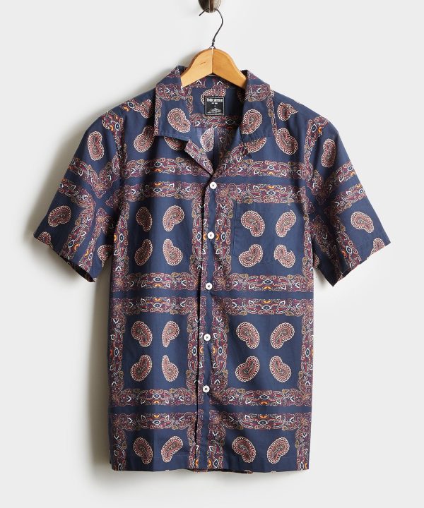 Bandana Print Camp Collar Short Sleeve Shirt in Navy on Sale