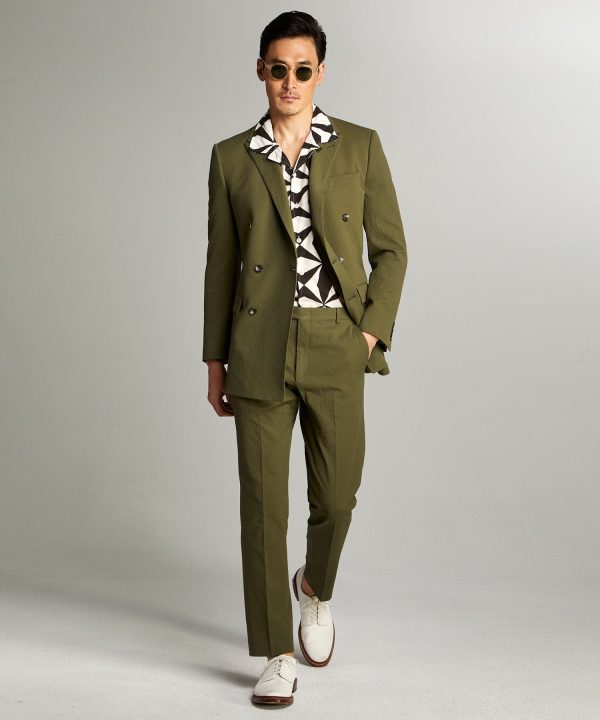 Sutton Double Breasted Seersucker Suit Jacket in Olive Supply