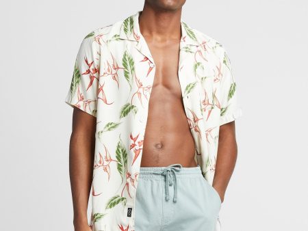 Aloha Leaf Print Camp Collar Short Sleeve Shirt in Off White Hot on Sale